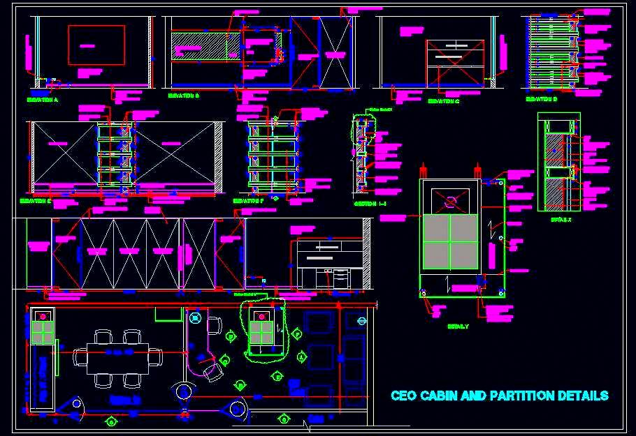 CEO Office Layout CAD Desk, Column Feature, & Meeting Room